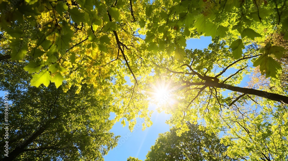 Poster sunlit green canopy of lush forest trees with sunny blue sky background : generative ai
