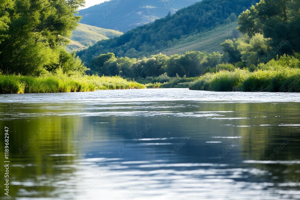 Poster tranquil river flowing through verdant landscape with lush greenery and mountain backdrop : generati