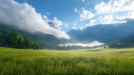 Obraz premium Majestic Alpine Landscape Featuring Rolling Meadows and Towering Mountain Peaks : Generative AI