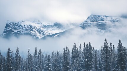 Majestic Snow-Covered Mountain Range with Dense Evergreen Forest : Generative AI