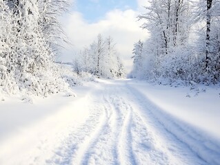 Obraz premium Winter Wonderland Snow-Covered Forest Path Under Bright Blue Sky : Generative AI