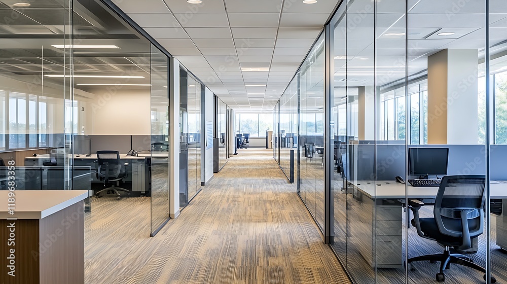 Poster Modern Office Space with Glass Partitions and Open Workstation Layout : Generative AI