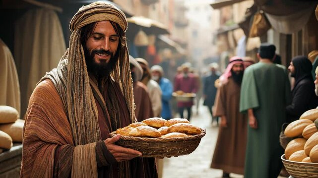 A biblical scene depicts a figure sharing bread with followers, symbolizing generosity and community in a serene setting.