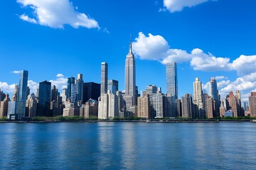 Fototapeta premium Panoramic view of New York City skyline under bright blue sky with iconic skyscrapers reflected in serene river waters : Generative AI
