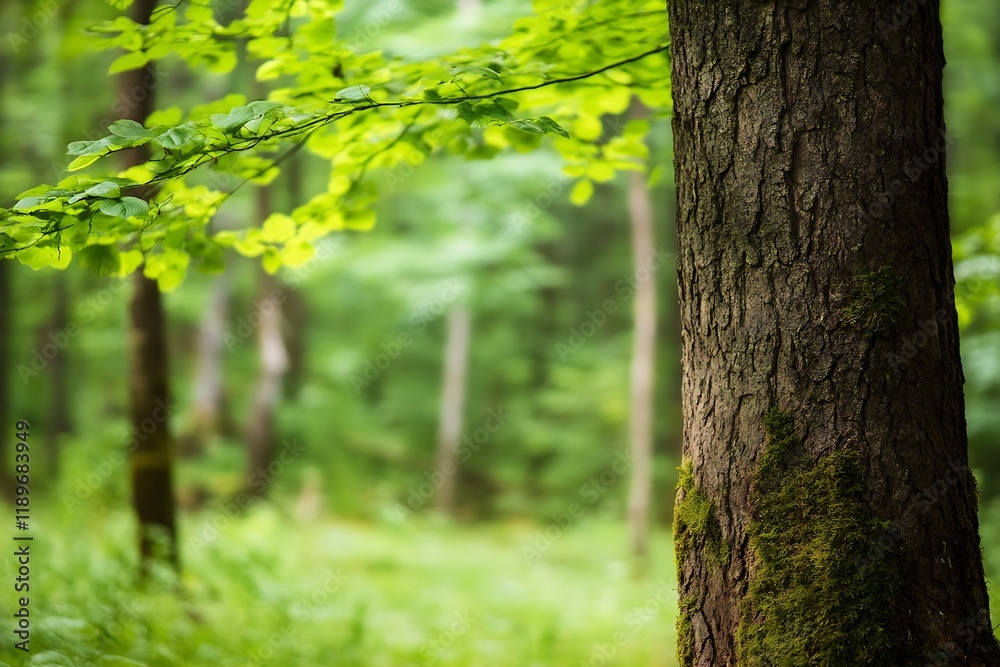 Poster tranquil forest landscape with a focus on a tree trunk and sunlit leaves : generative ai