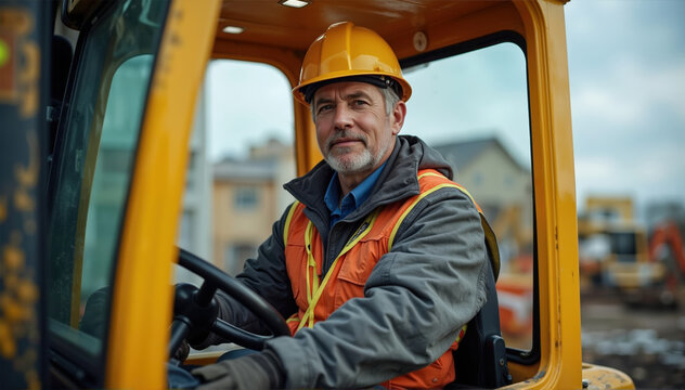 Man in a yellow construction vehicle is wearing a hard hat and orange vest. He is smiling and he is enjoying his job. Banner, poster, background. Forklift