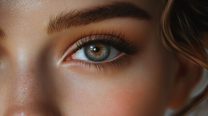 Fototapeta premium Close-up of a young female's eye with striking blue iris and detailed eyebrow
