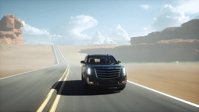3d model luxury black car on desert highway. Very fast driving. Realistic 4k animation.