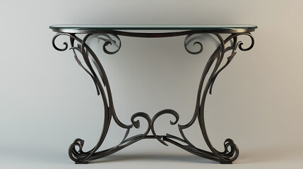 Wrought iron console table with glass top. Fireglint. Illustration