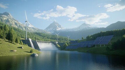 Mountain landscape features green eco-grid. Hydroelectric dam releases water to generate power. Wind turbines produce energy. Solar panels harness sunlight. Sustainable energy solutions integrate for