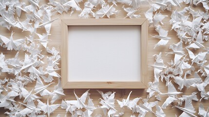 White Origami Cranes Surrounding a Wooden Frame