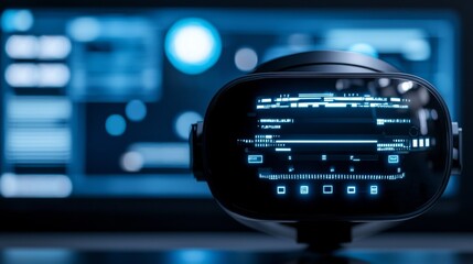 Obraz premium Futuristic Virtual Reality Headset Displaying Complex Digital Interface