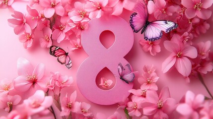 Pink cherry blossoms and butterflies surrounding number eight on pastel background