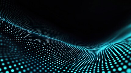 Obraz premium Abstract tech design element shows diagonal lines with glowing teal color on dark background. Blue glowing dots create wave pattern. Futuristic, modern visual. Minimalist geometric graphic design