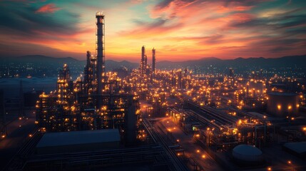 Obraz premium Industrial refinery at sunset with illuminated towers and vibrant sky