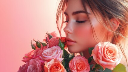 Young woman with roses, romantic pink hue, peaceful expression