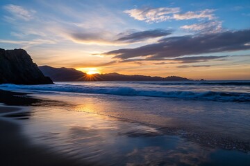 Naklejka premium Dramatic Beach Sunset with Waves and Beautiful Sky Reflections on Ocean Shoreline : Generative AI