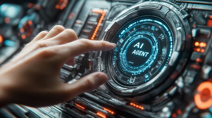 An AI Agent interface hologram for a virtual assistant who provides representative support using artificial general intelligence for customer service while approaching the futuristic singularity