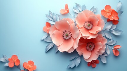 Elegant pink flowers and leaves on light blue background