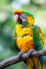 Fototapeta premium Colorful Macaw Parrot Perched on Tree Branch with Vibrant Feathers and Intense Gaze in Lush Habitat : Generative AI