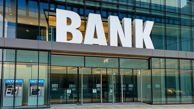 Bank Office Building: Modern bank exterior with glass facade and a large, bold that says "BANK" at the top. On the left side of the building there is an ATM room with glass windows.