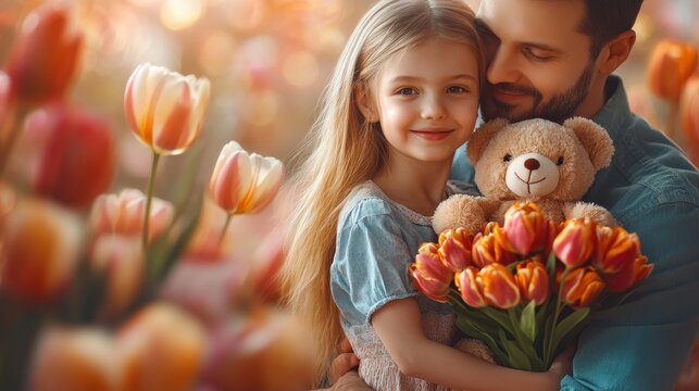 Young girl and adult male embrace among tulips holding teddy bear