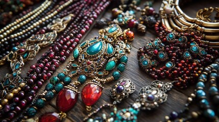 Colorful gemstone necklaces, bracelets, and earrings arranged on a wooden surface.