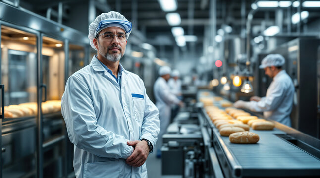Portrait Produktionsleiter in moderner Brot- und Backwarenfabrik: Qualit&auml;t und Effizienz in der Lebensmittelproduktion 