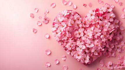 Obraz premium Pink cherry blossom heart on soft pink background with scattered petals