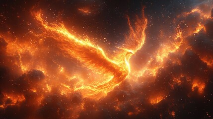 Naklejka premium A fiery phoenix rises amidst a cosmic background, symbolizing rebirth.