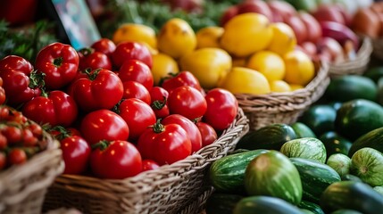 Assortment of Fresh Vegetables in Baskets at a Local Farmers Market Stand : Generative AI
