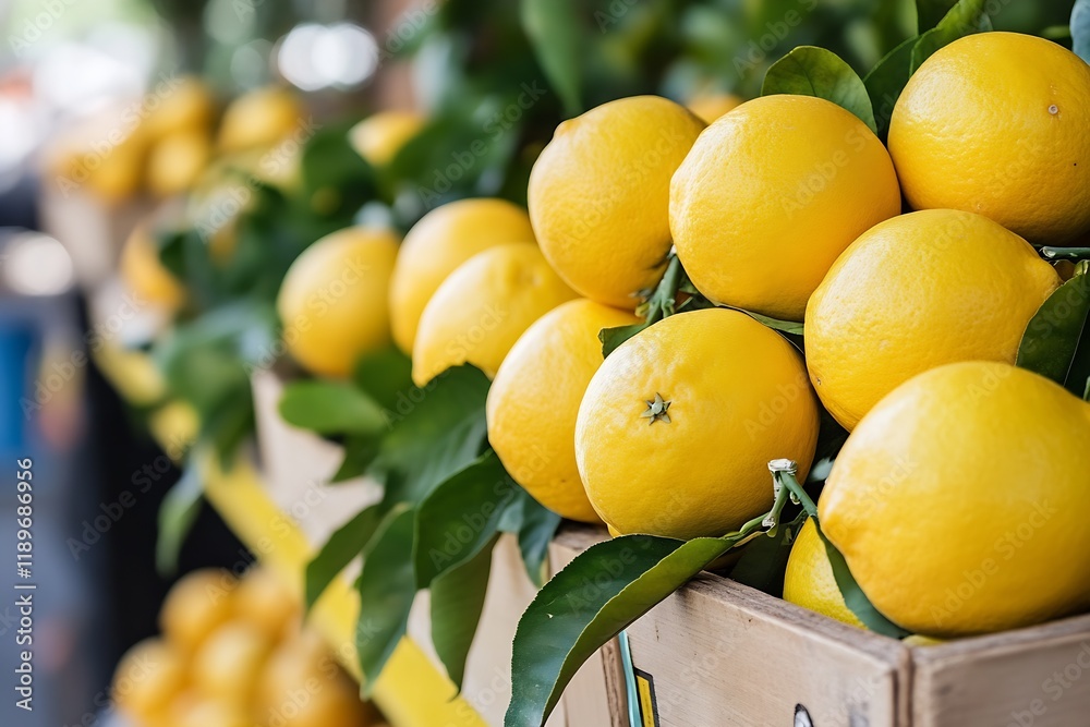 Poster fresh lemons arranged in wooden crate displaying vibrant citrus colors and natural freshness : gener