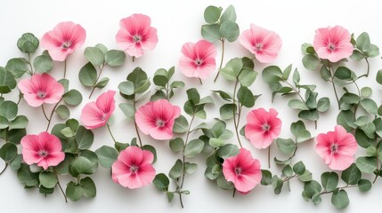 Pink flowers and green leaves arrangement on white background