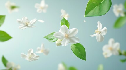 Floating white jasmine flowers and green leaves on tranquil blue background