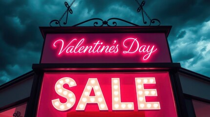A shop's signboard displaying "Valentine's Day Sale" in bold pink and white letters