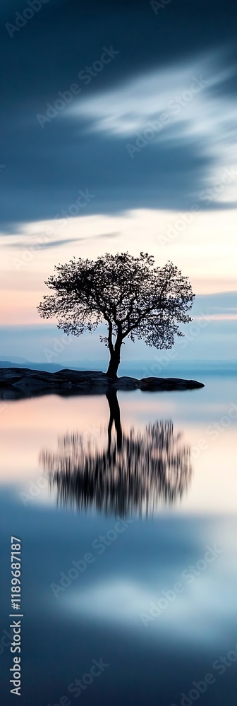 Poster serene sunset over lake with lone tree and reflective water silence and calm : generative ai