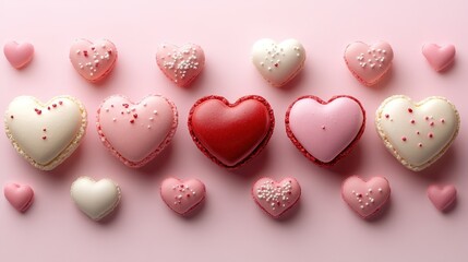 Obraz premium Heart-shaped macarons on pink background with sprinkles in decorative arrangement