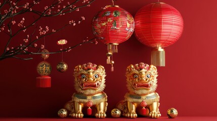 Fototapeta premium Chinese New Year Festive Decor: Golden Foo Dogs, Red Lanterns, and Blossoms
