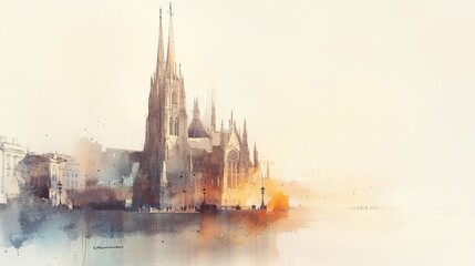 Fototapeta premium Classic cathedral exterior with towering spires, bathed in soft beige tones. 