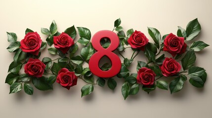 Red eight surrounded by roses and greenery on light background