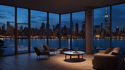 Fototapeta premium Breathtaking Night View of Manhattan Skyline from Luxurious Apartment
