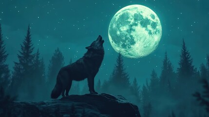 Obraz premium Lone wolf howling at a large, bright moon in a dark forest at night.