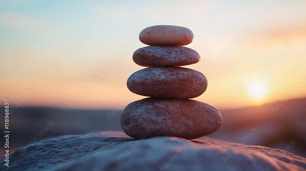 Poster stacked balanced stones against a serene sunset background : generative ai