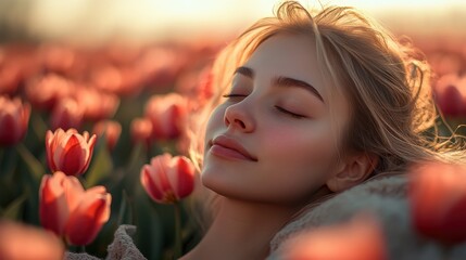 Fototapeta premium Serene young woman relaxing in a field of pink tulips at sunset