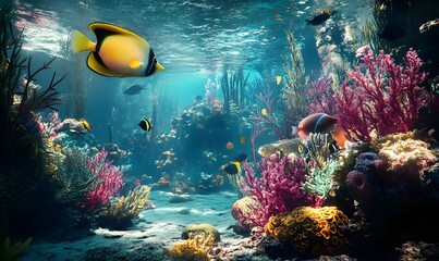 Obraz premium Vibrant coral reef teeming with colorful fish.