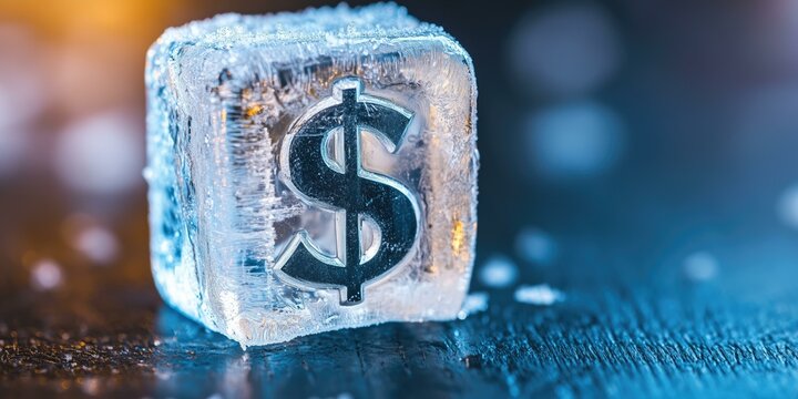 Frozen dollar sign encased in ice cube on dark surface
