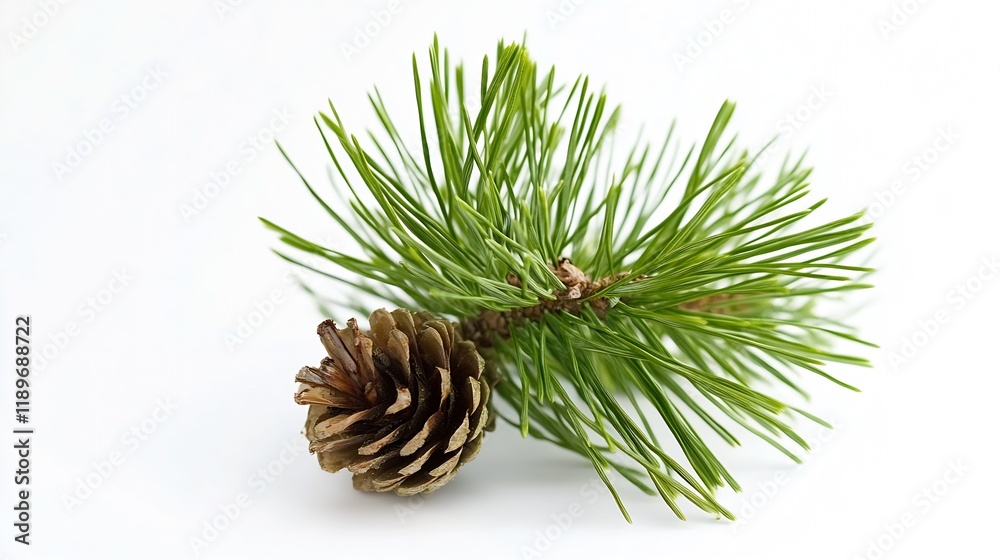 Poster Minimalist pine branch and cone isolated on white background for nature art : Generative AI