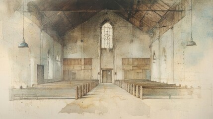 Historic wooden chapel with vintage charm, painted in soft, muted tones.
