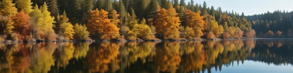 Obraz premium Dense thicket of deciduous trees in foreground reflecting off calm surface of autumn-colored Toketee Lake near Umpqua National Forest, deciduous trees, autumn leaves