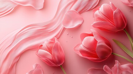 Fototapeta premium Elegant pink tulips with flowing petals and soft fabric on light pink background